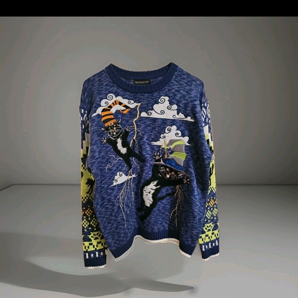Blue Crewneck Sweater with Graphic Design Blizzard Bay Halloween Cats